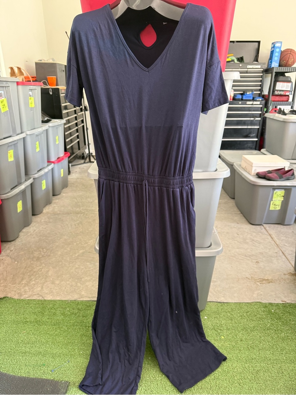 Navy V-Neck Jumpsuit with Elastic Waist p79